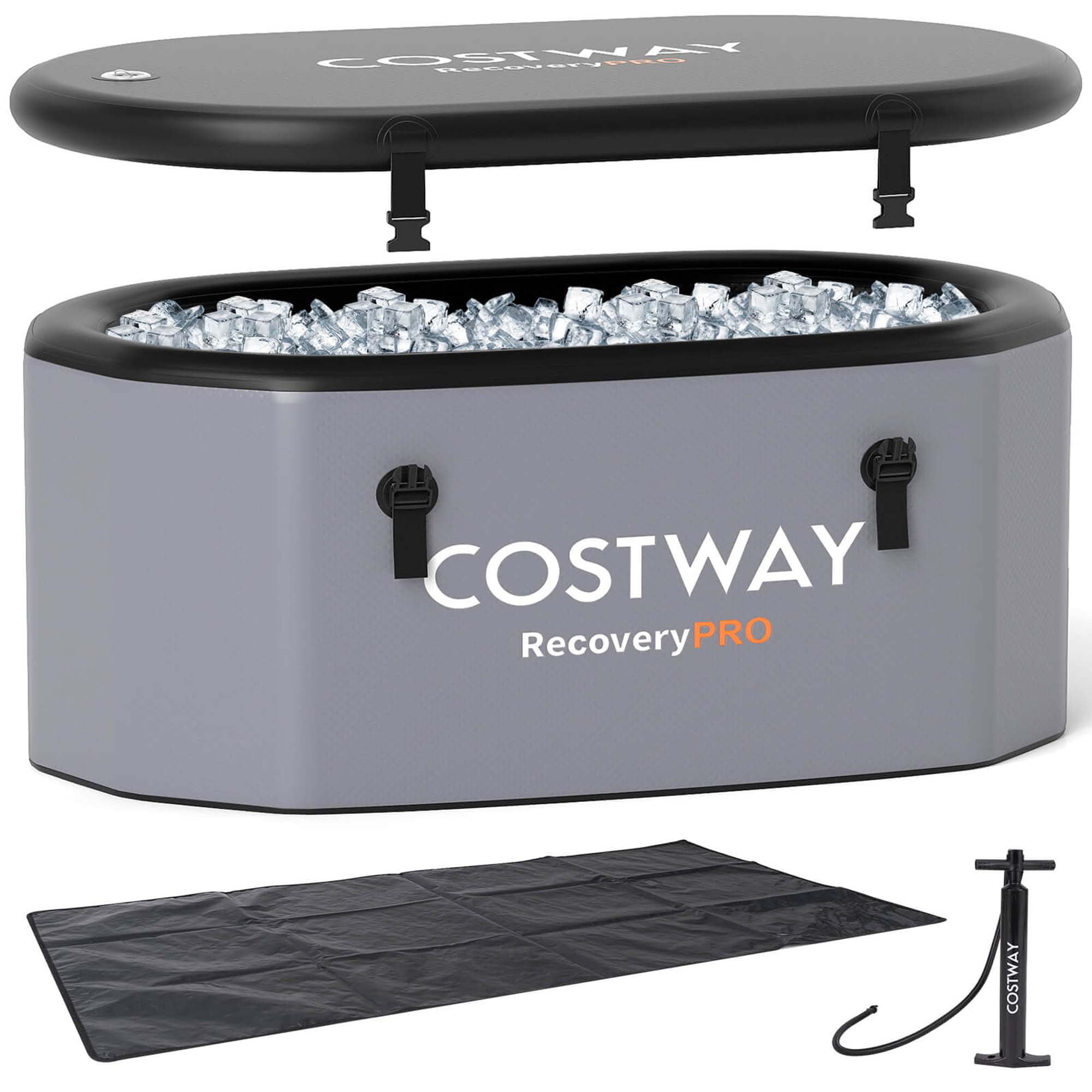 Costway XL 129 Gal Oval Ice Bath Tub for Athletes with Cover Hand Pump Backpack for Adults Gray