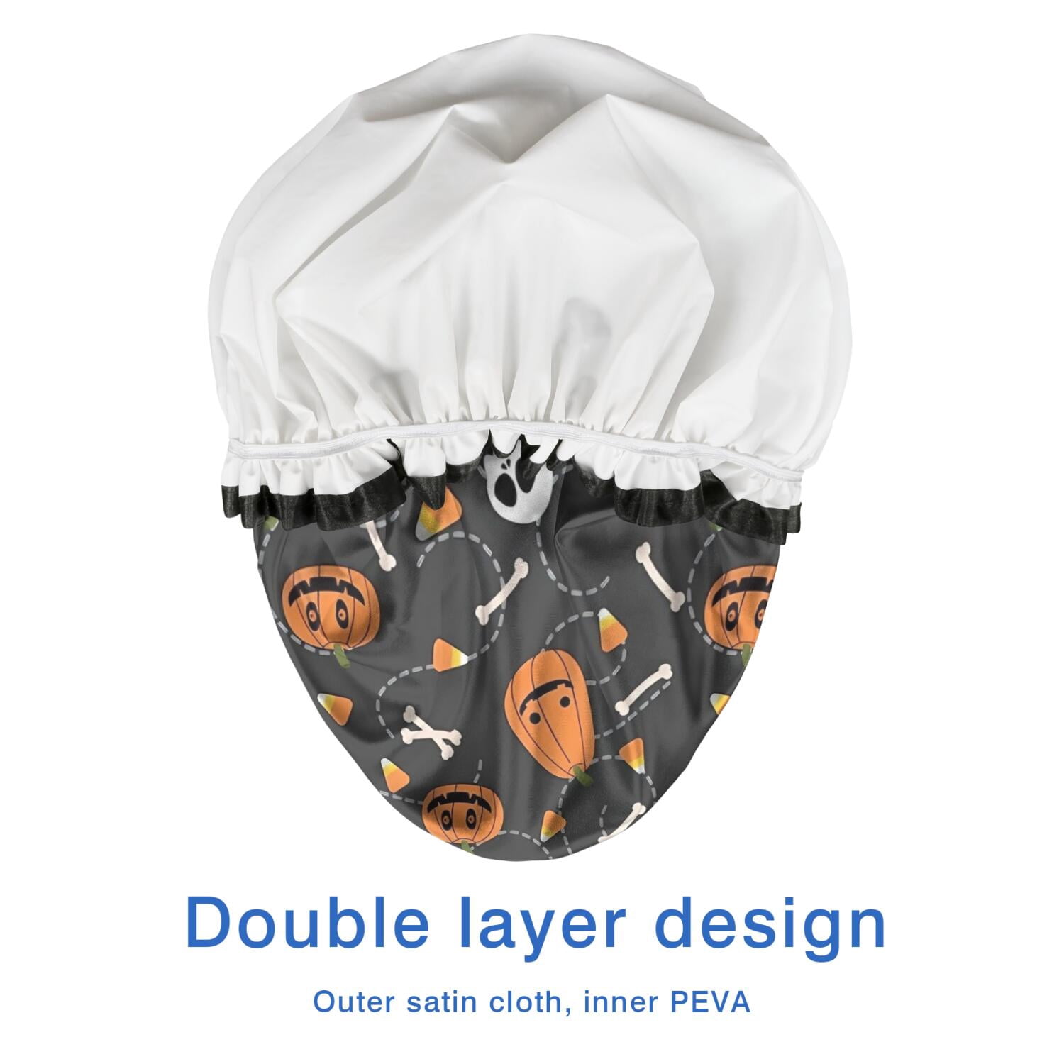 Shower Caps,Gray Halloween Pumpkins Skulls and Bones Waterproof Shower Cap for Women 4 Pieces,Double Reusable Hair Cover for Shower PEVA Elastic Stretch Hem