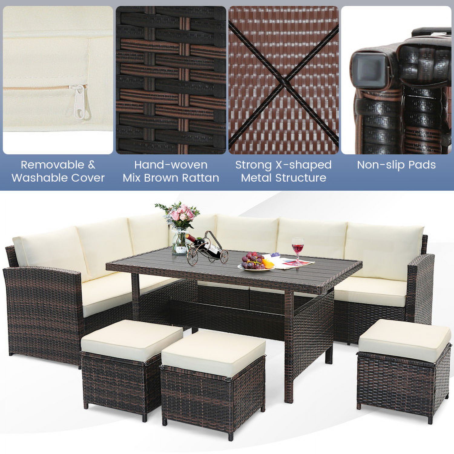 Aimee Lii 7 Pieces Wicker Patio Furniture Set, Outdoor Patio Furniture, White Aimee Lii 7 Pieces Wicker Patio Furniture Set, Outdoor Patio Furniture, White