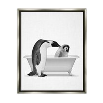 Stupell Industries Penguin & Chick Bathroom Tub Animals & Insects Painting Gray Floater Framed Art Print Wall Art