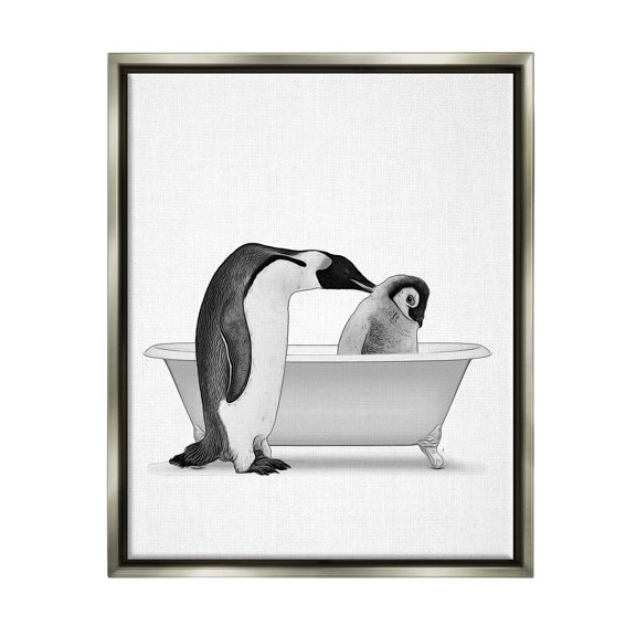 Stupell Industries Penguin & Chick Bathroom Tub Animals & Insects Painting Gray Floater Framed Art Print Wall Art
