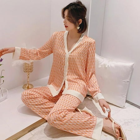 

QWZNDZGR Satin Print Pajamas Set Women s Sleepwear Sleep Tops And Pants Pyjamas Woman Home Clothing 2PCS Nighty Comfy Home Wear Suits