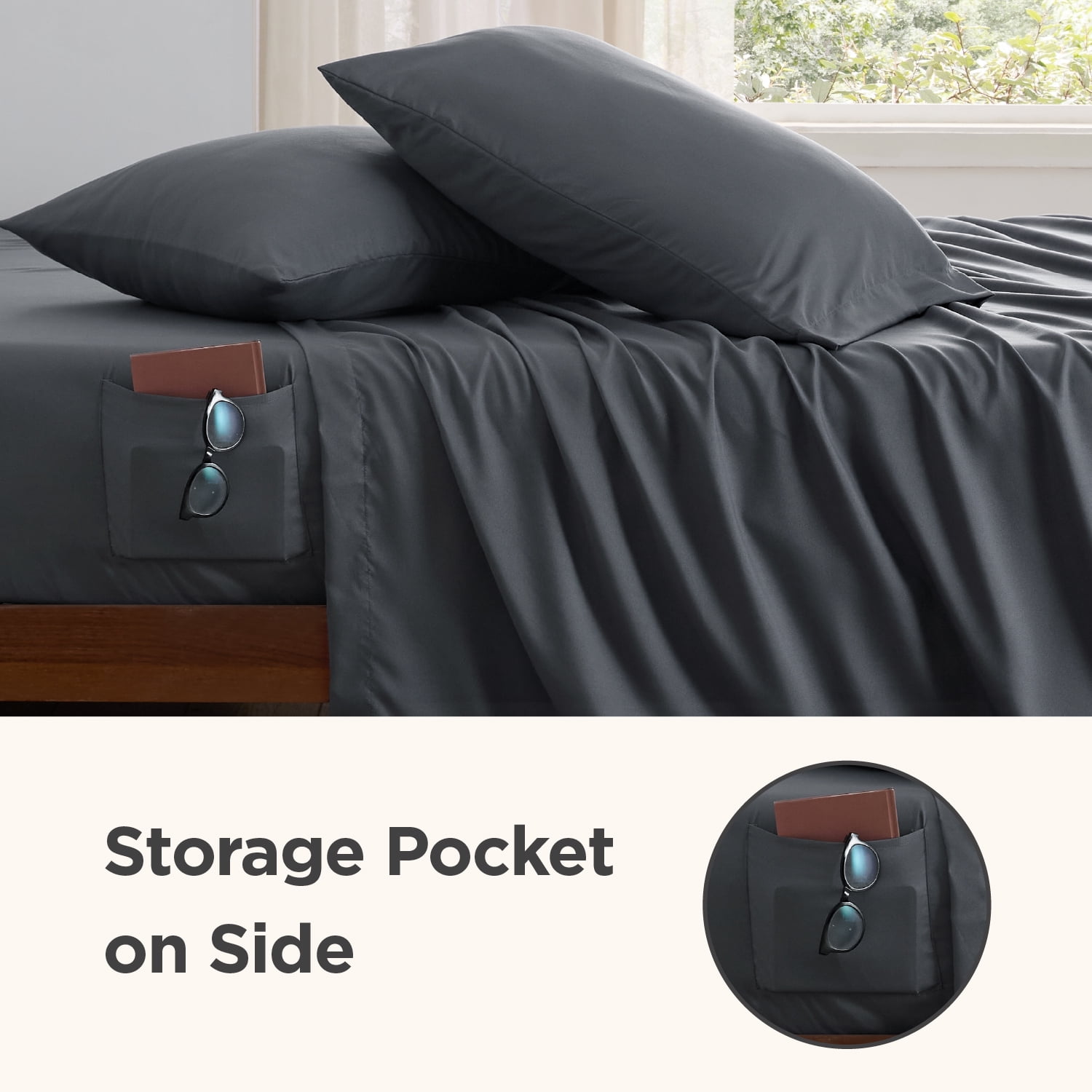 Cozy Comfort Queen Bed Sheets with Side Pocket,4 Pieces Polyester Microfiber Bed Sheet Set,Dark Gray