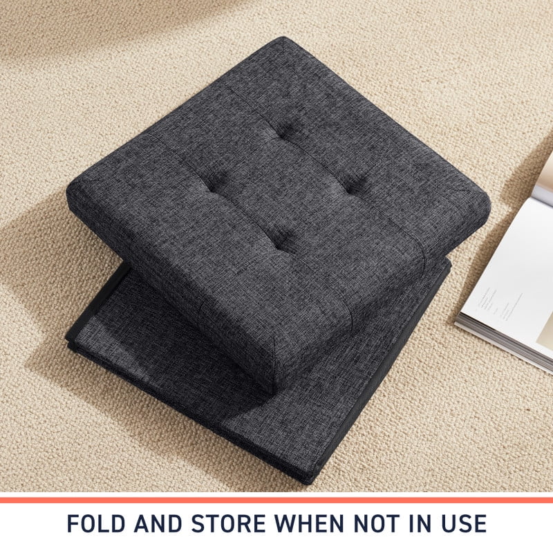 Ornavo Home 2 Pack 15 Inch Folding Storage Ottoman with Storage, Square Cube Linen Small Storage Ottoman Foot Rest Stool - Black