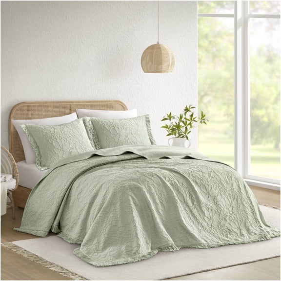 JERFIT King Size Bedspread Set 3-Piece, Floral Embroidery Chenille Bed Cover with Fringe, Sage Green Lightweight Polyester Cotton Blend for All Seasons