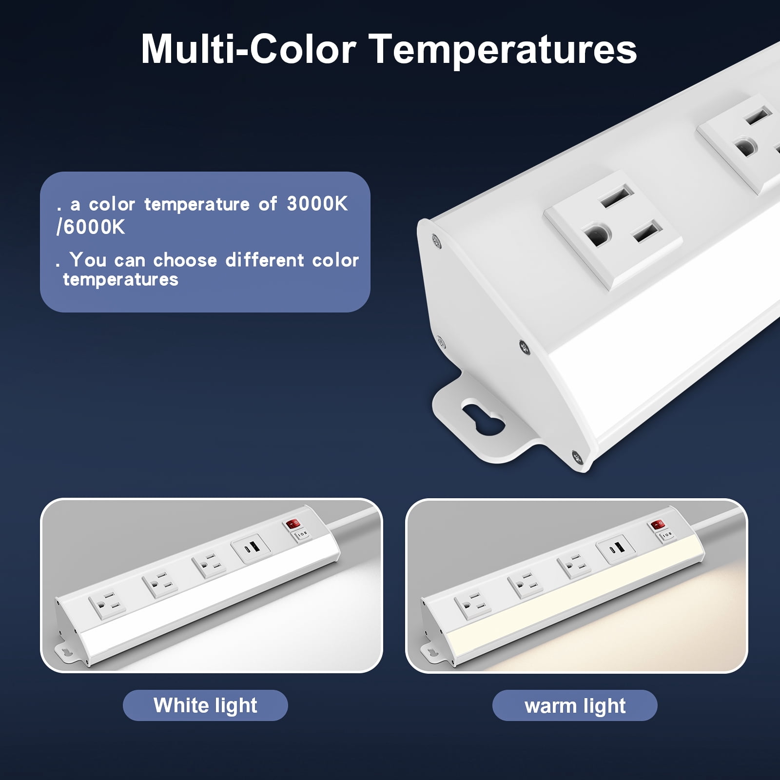 Multi-Functional Power Strip with Under Cabinet Lights Bar, 3 AC Outlets & 2 USB Ports Support USB/Type-C Fast Charging, Aluminum Shell & 2 CCT 3000K/6000K, Under Tool Cabinet Lights