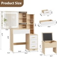 thumbnail image 2 of Vanity Desk with Mirror and Lights, Vanity Table and Chair Set with 4 Drawers and Charging Station, Sliding Mirror with 3 Color Modes Adjustable Storage Shelves, White&Brown, 2 of 7