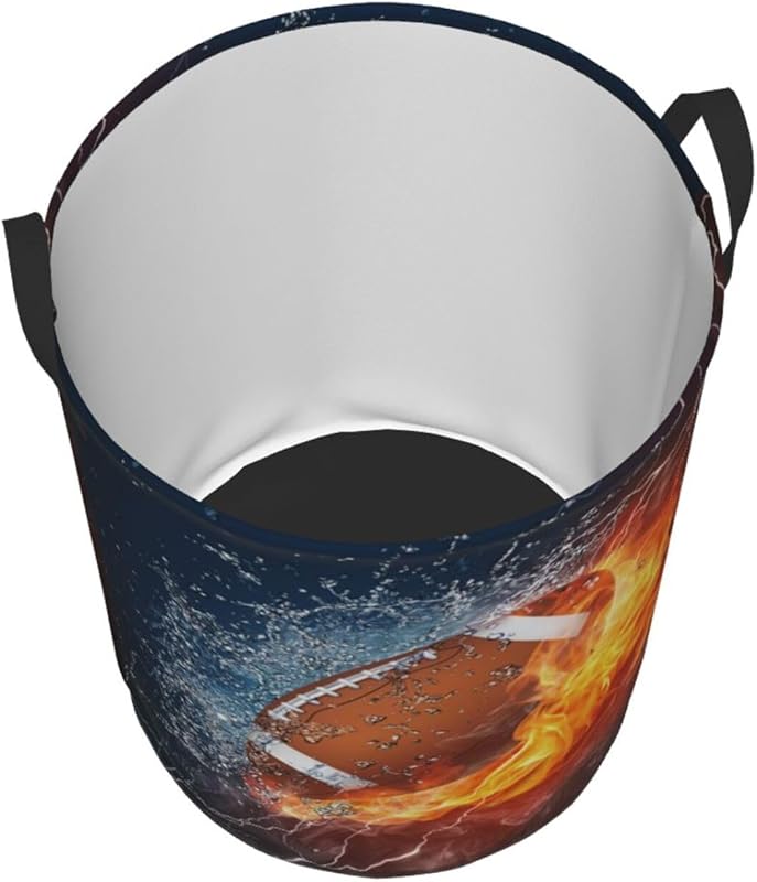 American Football Ball In Fire And Water Round Laundry Hamper Sport Rugby Storage Basket Toys Clothes Organizer Bin For Home Bathroom Bedroom Dorm Nursery