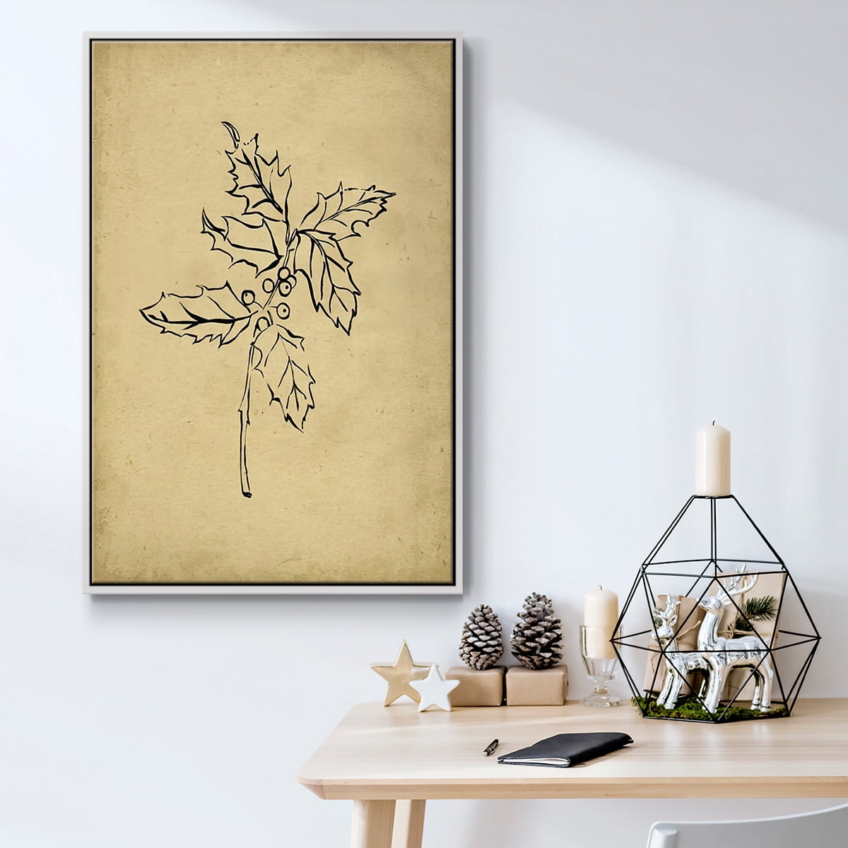 Holly Branch I - Framed Gallery Wrapped Holiday Canvas - 25 x 37 - White Frame