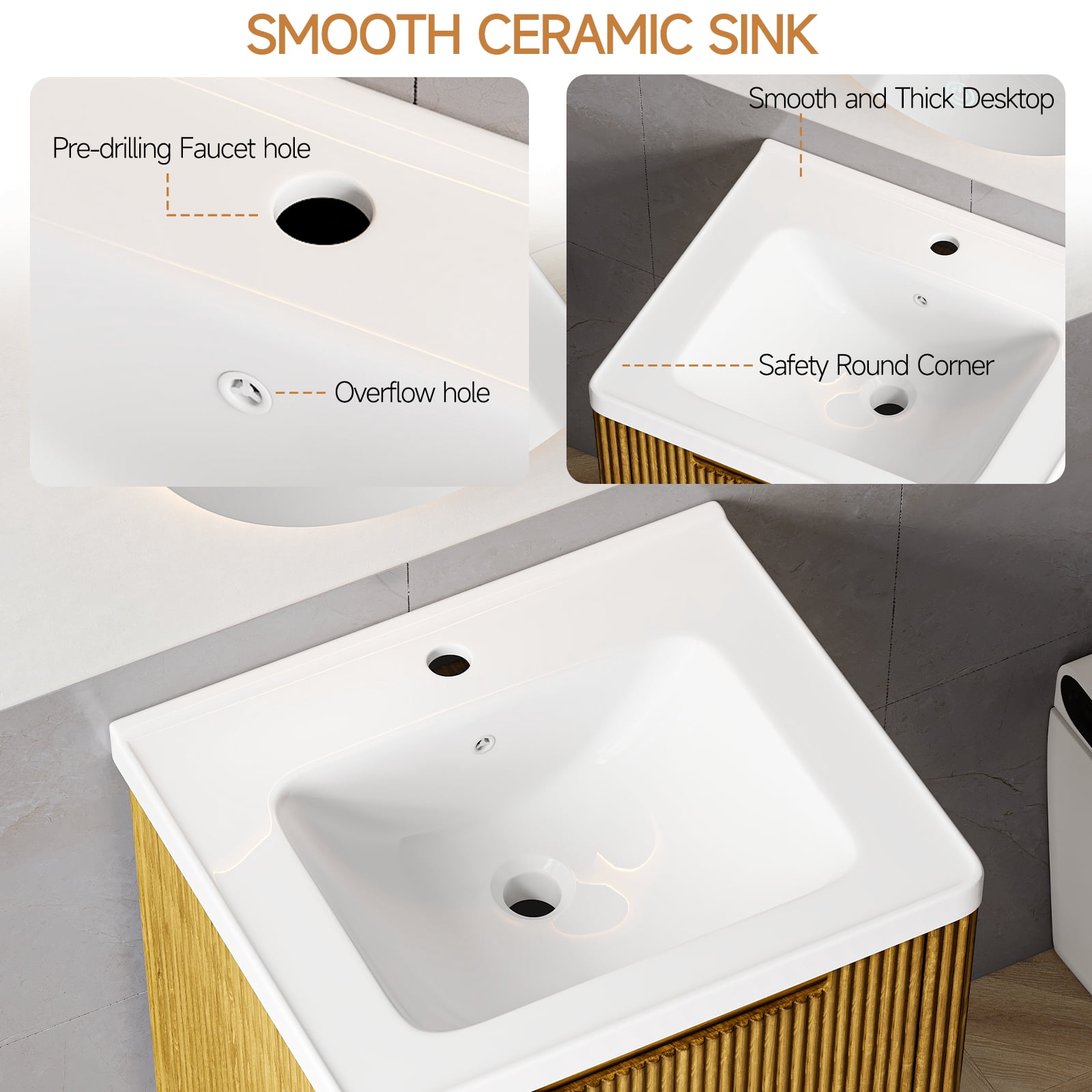 ROGALIS 24" Modern Bathroom Vanity, 2-Drawer, glossy resin Sink, Fluted Design, Drak Gold