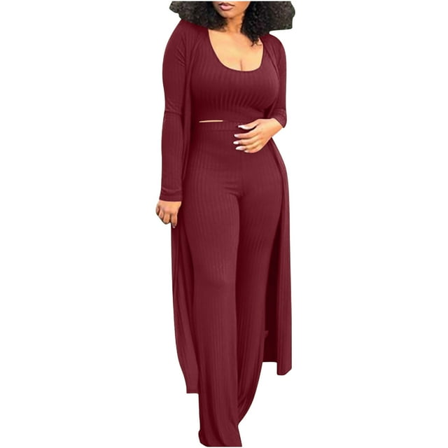 KIHOUT Ensemble 3 Pcs Automne pour Femmes 2023 Col Rond Rayures Haute Élasticité à la Mode et Sexy Ensemble Trois Pièces