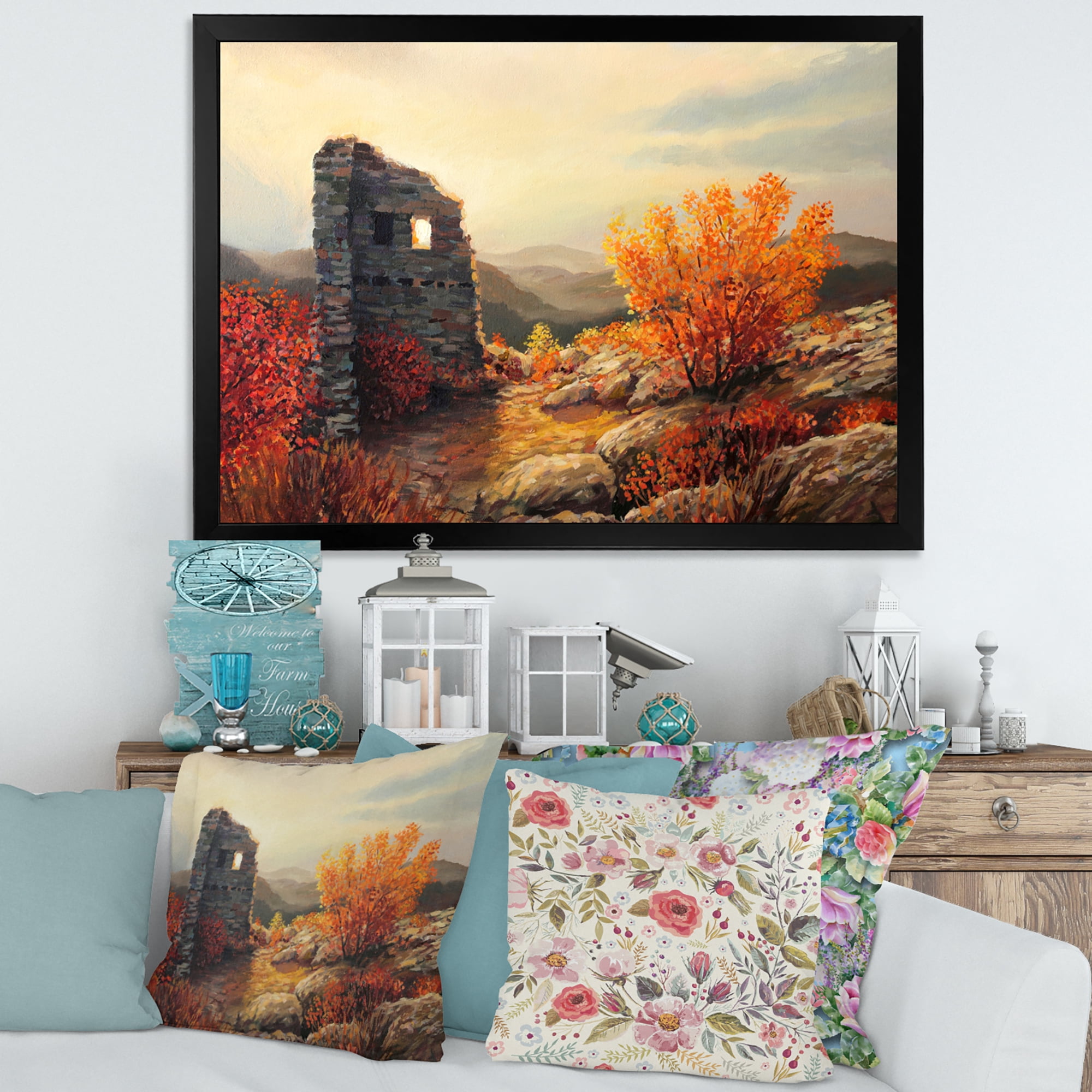 Designart 'Sunset Over Old Fortress Ruins' Farmhouse Framed Art Print