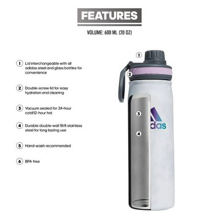 adidas 600 ML (20 oz) Metal Water Bottle, Hot/Cold Double-Walled Insulated  18/8
