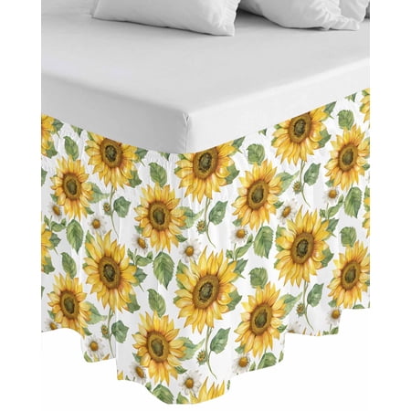 Sunflower Wrap Around Bed Skirts for King Bed 16" Drop, Bed Skirt with Adjustable Elastic Belt Dust Ruffle Bed Valance for Bedroom Hotel Luxury Farmhouse Watercolor Botanical Summer Bed Frame Cover