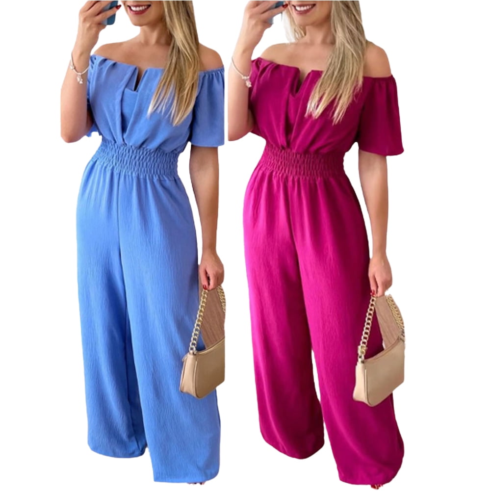 FJUCHAI Women's Casual Jumpsuits Loose Overalls Short Sleeve One Piece Wide Leg Long Pant Rompers With Pockets S-XL