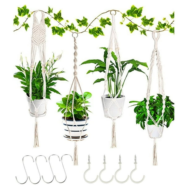 Wmhnj Juego de 4 macetas colgantes de cuerda de algodn para plantas de interior y exterior con ganchos en forma de S