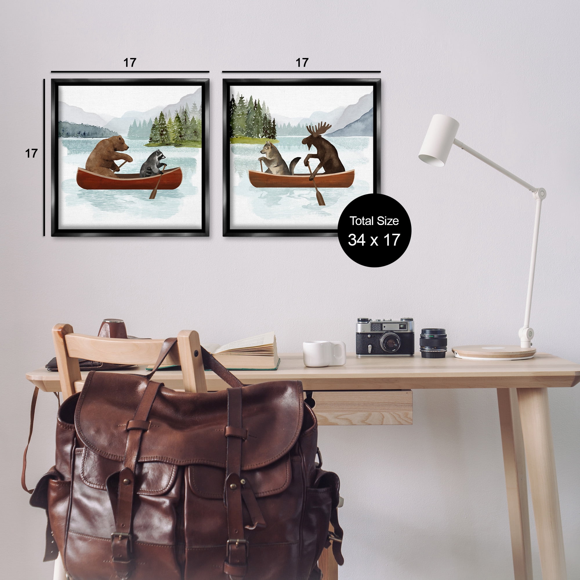 Stupell Industries Woodland Animals on Canoes Animals & Insects Painting Black Floater Framed Canvas Art Print Wall Art, 18 x 18, Set of 2