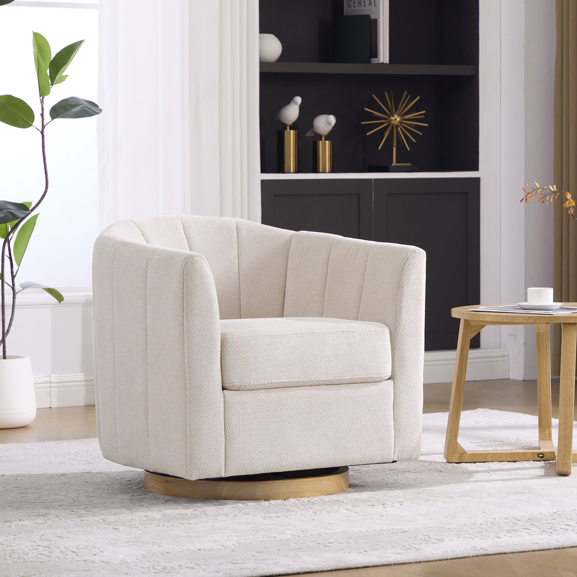 Leumius Swivel Barrel Chair with Solid Wood Base, Comfy Channel Tufted Accent Round Armchair, Single Club Sofa for Living Room Bedroom Reading Nook Corner Apartment, Beige