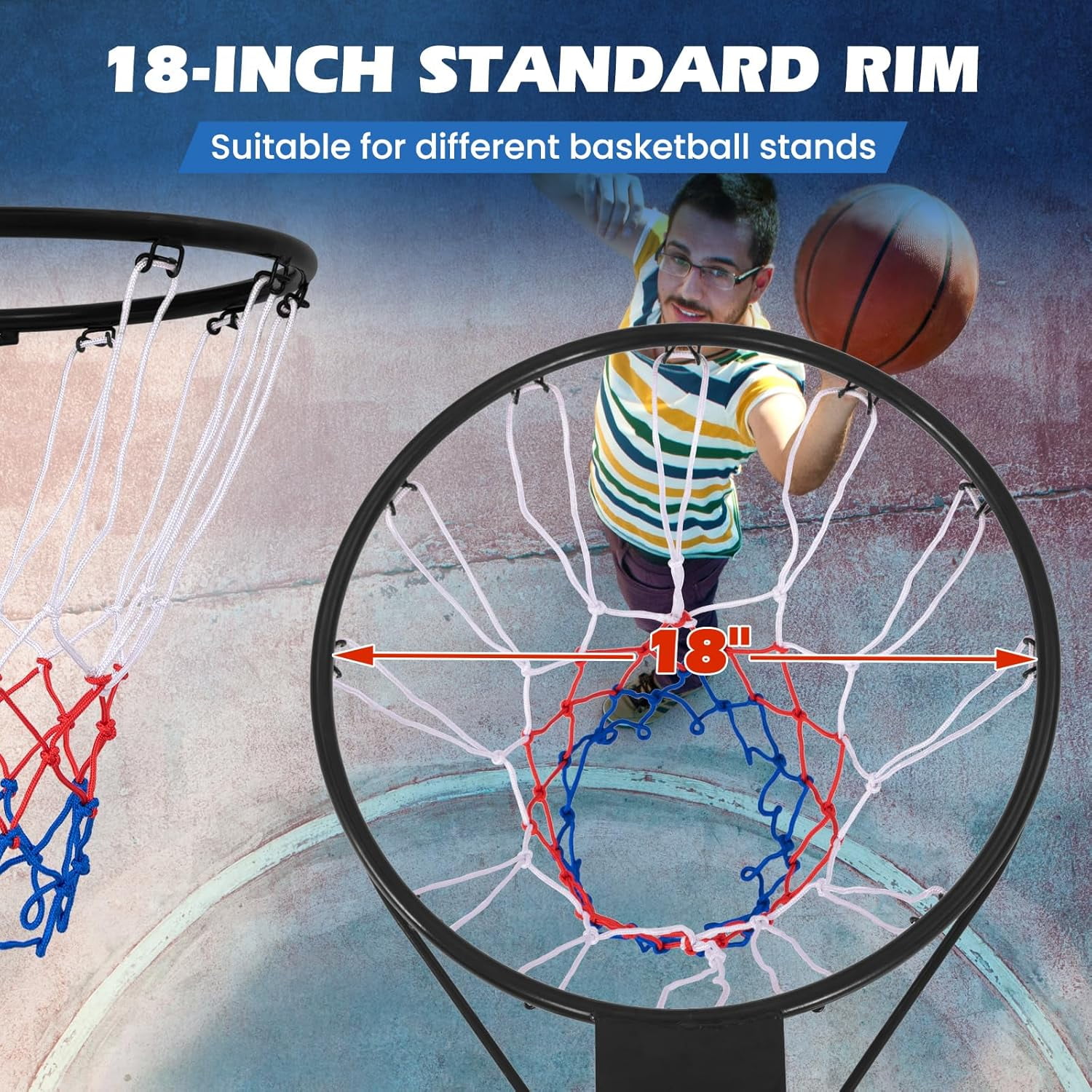 15"/18" Basketball Rim, Wall Door Mounted Basketball Hoop Replacement with All Weather Net, Basketball Rim Goal for Indoor Outdoor Driveway Garage Backyard