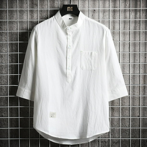 Camisetas Elvqul de Hombre Blanco Casual Liso Algodón Manga Corta con Solapa Botones