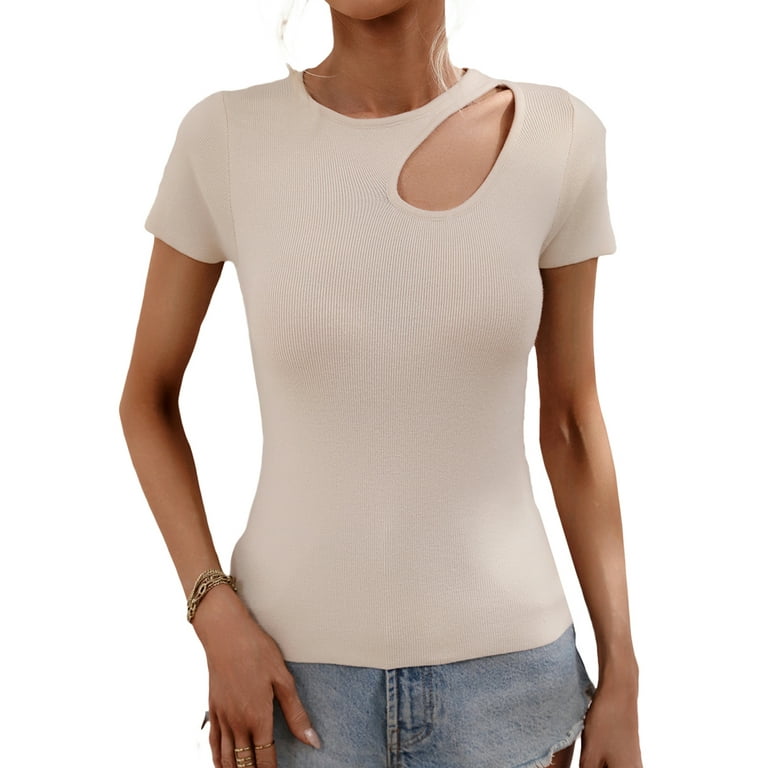 Women Casual Knit T-Shirts Summer Solid Color Short Sleeve Round Neck  Cutout Slim Fit Tees Party Chic Basic Tops