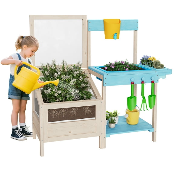 Outdoor Kids Mud Kitchen & Garden Station, Wooden Play Set w/See-Through Planter Box, Sink & Gardening Tools for Ages 3-8