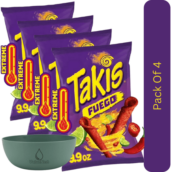 Takis Fuego Rolled Chips, Hot Chili & Lime Extreme Flavor, 9.9 oz Bag With Olive Green Bowl By ValueNest