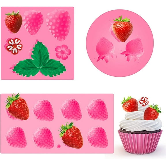Tutuviw Strawberry Silicone Mold 3 Pcs 3D Strawberry Fruit Flowers Fondant Mold Silicone Handmade Candy Jelly Bakeware for DIY Cupcakes Gummies Chocolate Cookies Dessert Decoration