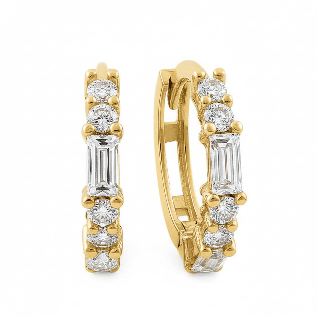 Vinali 14K Yellow Gold CZ Huggie Hoop Earrings, Round and Baguette Cut