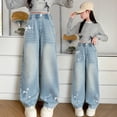 thumbnail image 6 of Pull on Wide Leg Jeans for Girls, Girls High Waisted Stretchy Baggy Trendy Tummy Control Straight Leg Jeans Denim Pants Blue 13-14 Years, 6 of 7