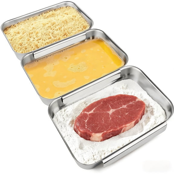 3-Piece Stainless Steel Breading Station Tray Set, Interlocking Food Prep Coating Containers for Meat, Fish & Chicken, Oven Safe & Dishwasher Safe, Versatile Kitchen Baking Pans
