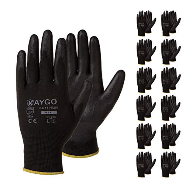 Safety Work Gloves PU Coated12 Pairs,KAYGO KG11PB, Seamless Knit Glove with Polyurethane Coated