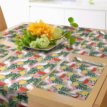 

Summer Table Runner & Placemats Cockatoo Parrot in Exotic Forest Watermelon Slices Monstera Lemons Pattern Set for Dining Table Placemat 4 pcs + Runner 16 x90 Rose and Multicolor by Ambesonne