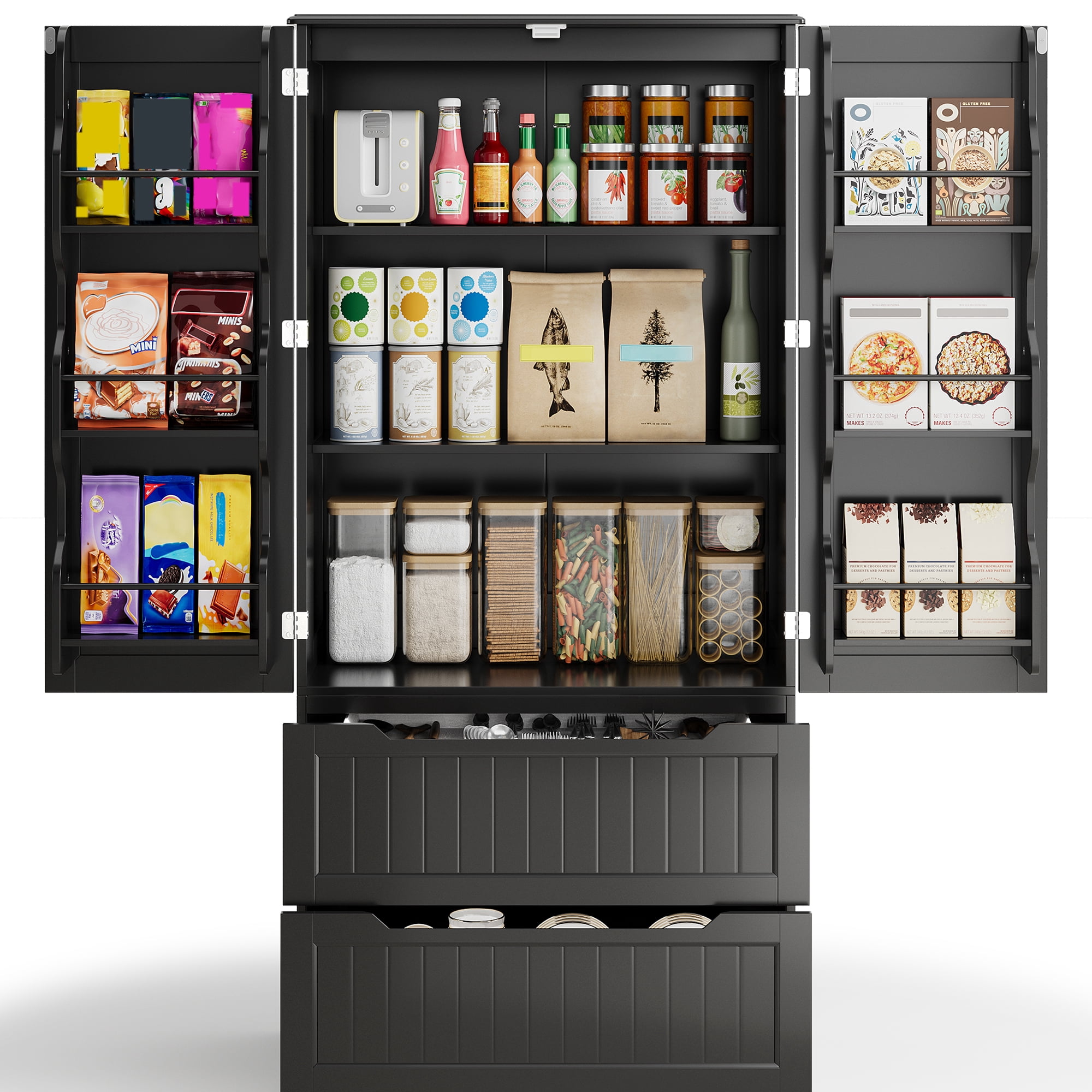Pantry Cabinet, Lofka 63" Kitchen Pantry Storage Cabinet with Magnetic Doors and 9 Shelves, Black
