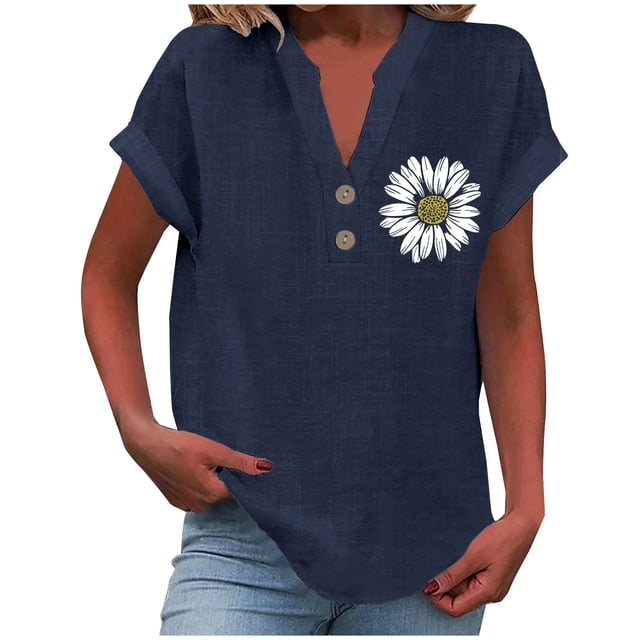 Yuyuzo Plus Size Tops for Women Cotton Linen Short Sleeve T-Shirts Button V Neck Loose Soft Blouses