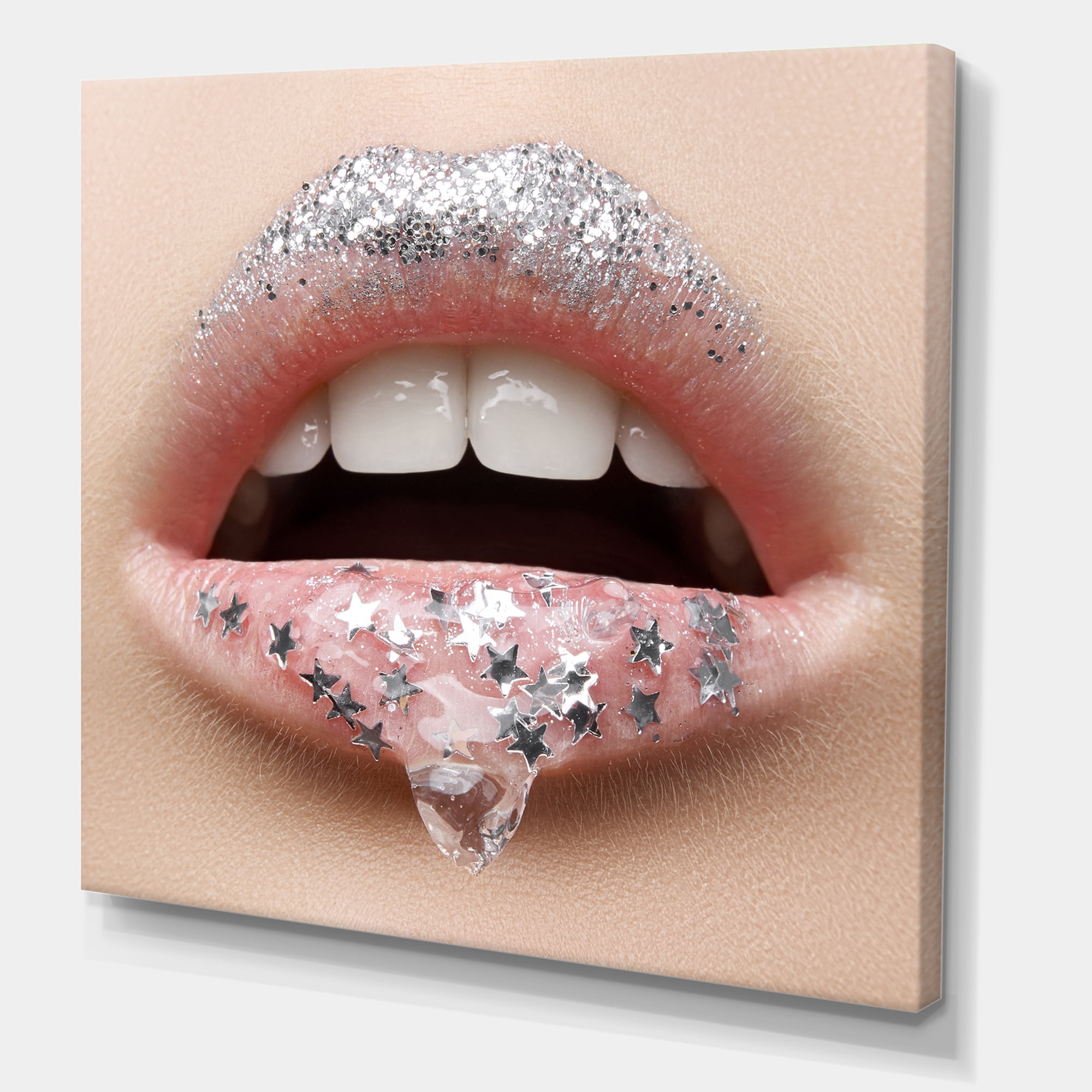 Designart ' Woman Lips With A Gel On The Lips & Stars ' Modern Canvas Wall Art Print