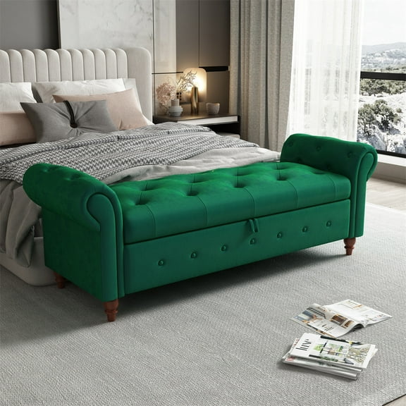 Tufted Storage Bench for Bedroom End of Bed, Velvet Upholstered Storage Ottoman Bench for Bedroom Living Room, Rolled Arm Window Bench Seat with Solid Wood Legs, 63"Lx22"Wx24.4"H, Dark Green