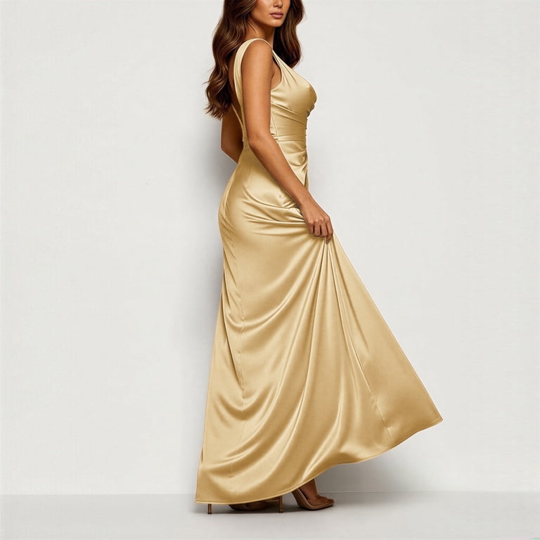 ZGRBOU Women's Satin V Neck Ruched Maxi Dress Sleeveless High Slit Bodycon Maxi Evening Elegant Formal Prom Gown