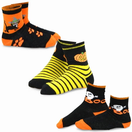 TeeHee Halloween Kids Cotton Fun Crew Socks 3-Pair Pack (Witch Cat Ghost)