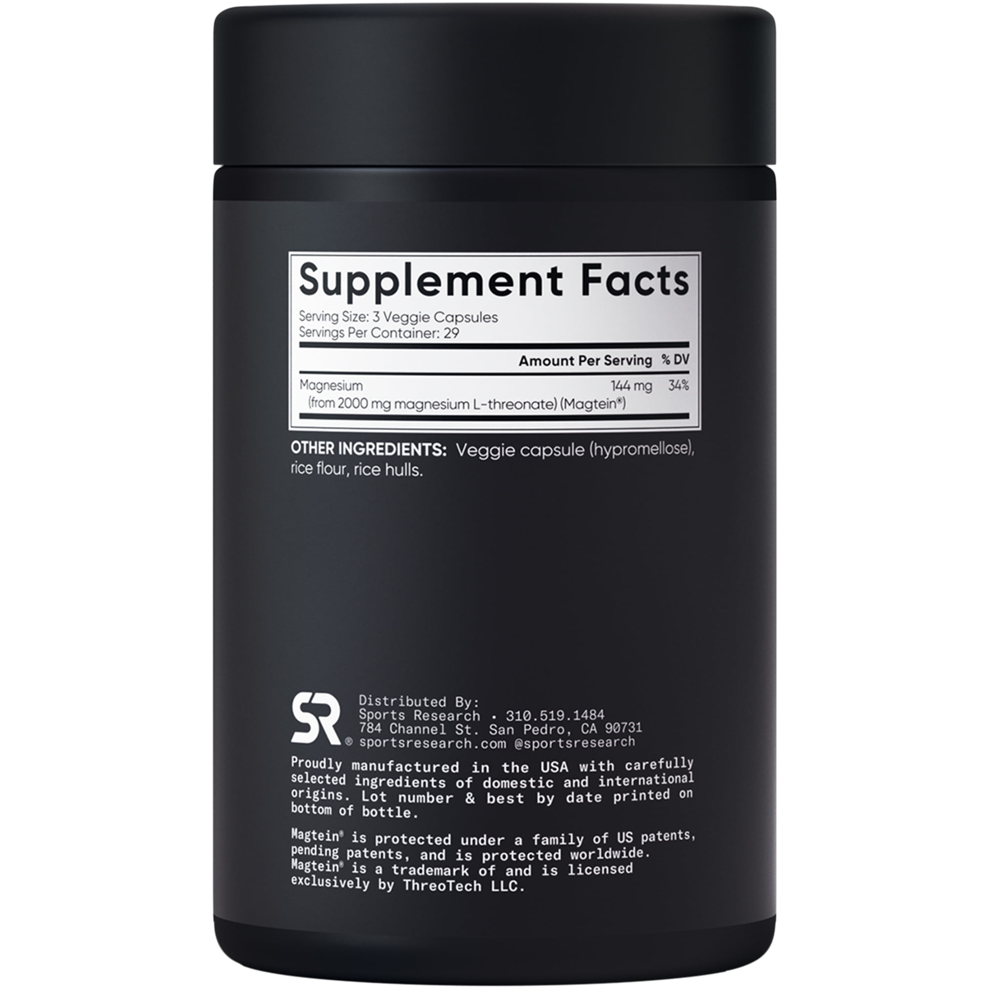 Sports Research Magtein Magnesium L-Threonate Capsules Supplement for Memory, Focus & Cognition - Supports Brain Health, Sleep & Mood - 2000mg, 87 Capsules