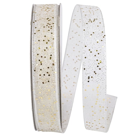 Reliant Ribbon - 25405W-980-03J Sheer Sparkle Wired Edge Rd Ribbon White/gold 5/8 Inch 25 Yards