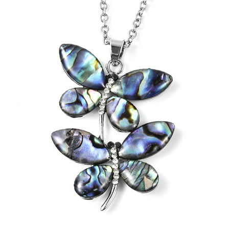 Stainless Steel Silvertone Round Abalone Shell White Crystal Hematite Butterfly Pendant Necklace Fashion Jewelry for Women 24