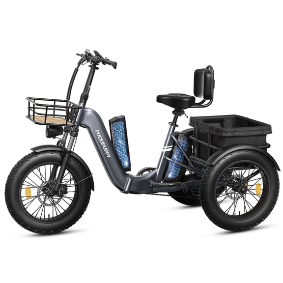 PUCKIPUPPY 20" Electric Tricycle for Adults 110Mile Range Dual Battery Electric Trike 960W Peak 20 mph Fat Tire E Trike 3 Wheel Ebike 48V 17.4AH 15AH Battery E-Mountain Bike,Comply with UL2849 by SGS