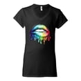 thumbnail image 2 of Wild Bobby, Colorful Neon Rainbow Biting Lips, Pop Culture, Women Standard V-Neck Tee, Black, Small, 2 of 3
