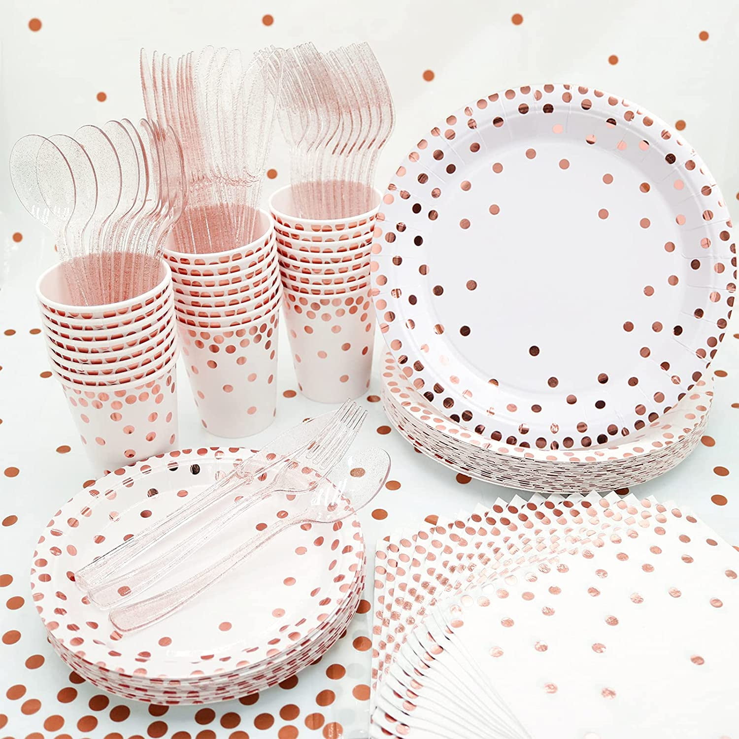 Rose Gold Party Tableware Decorations for 24 Guests Party Supplies Floral Tablecloth Plates Cups Straws Napkins Paper Disposable Dinnerware Set Balloons Bunting Banner Birthday 