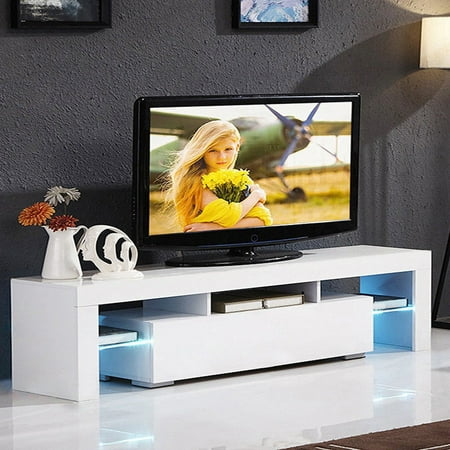 Pier Cabinet Entertainment Center Zimtown Modern TV Stand High Gloss Media Console Cabinet Entertainment Center with LED Shelf and Drawers,White ()