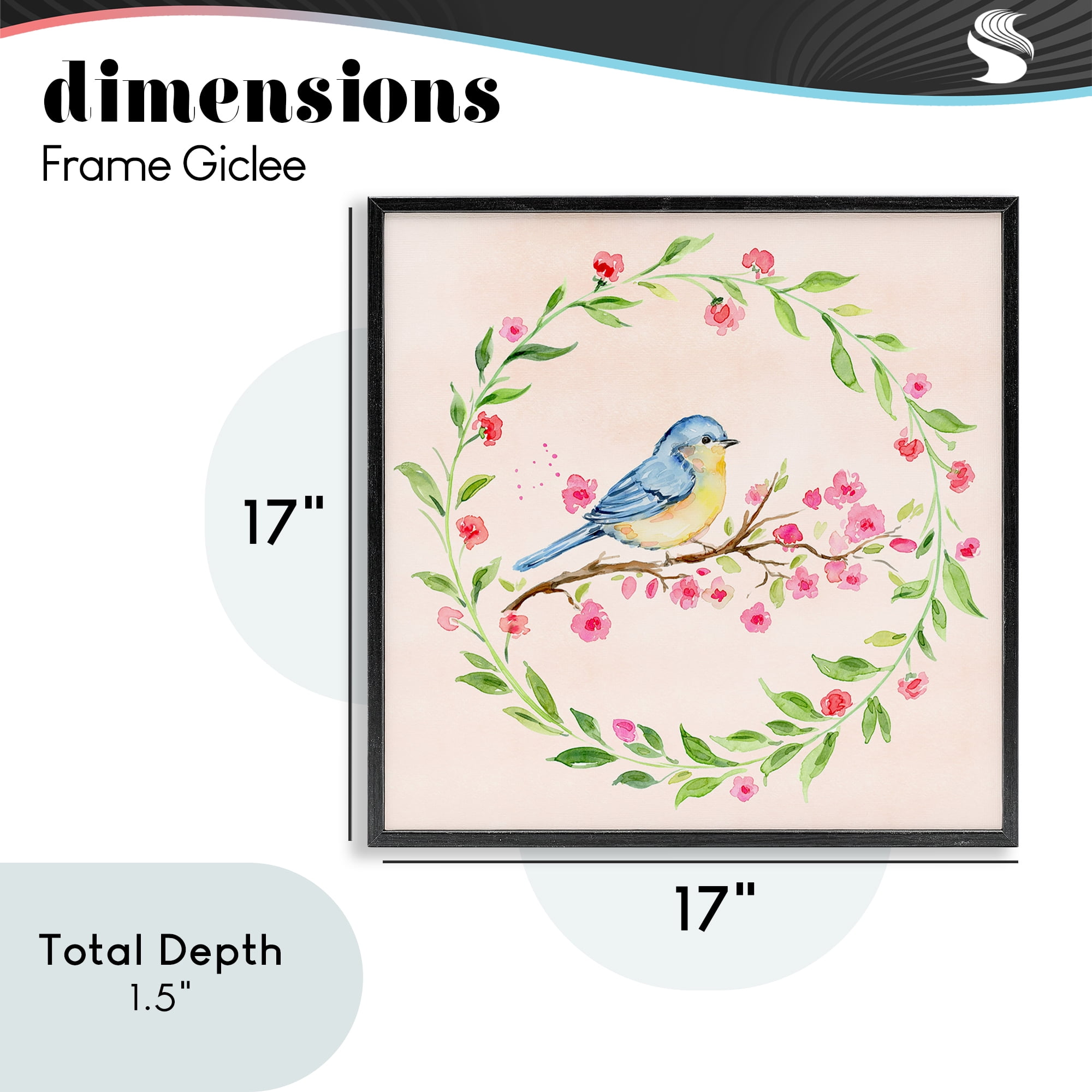 Spring Bird Wreath Perch Black Framed Giclee Art, design by Elena Fay