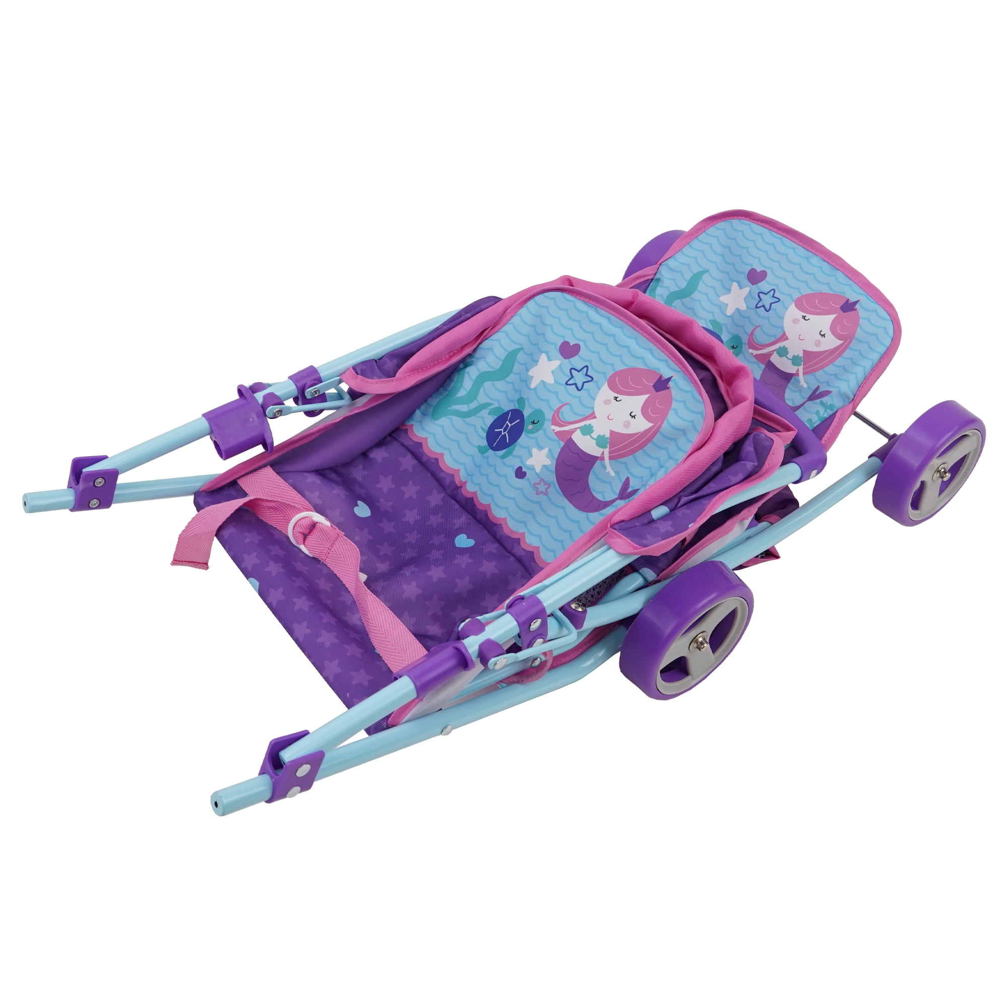 509 Mermaid Twin Doll Stroller- Retractable Canopy, Storage & Travel, 2 Seats, Fits dolls up to 18", Kids 3+