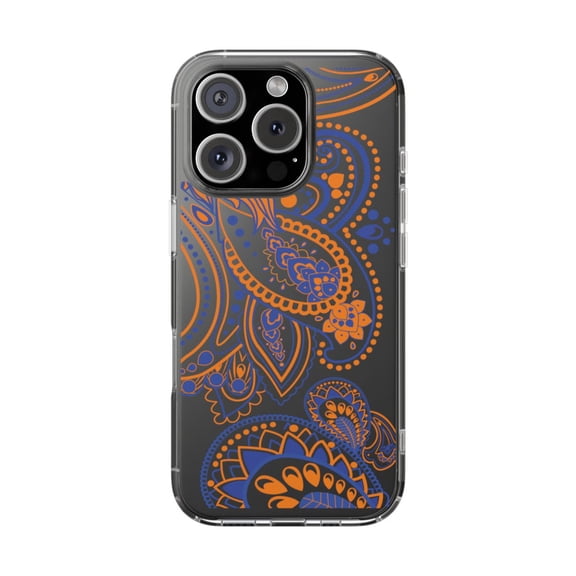 DistinctInk Clear Hybrid Case for Apple iPhone 16 Pro (6.3" Screen) - Orange and Blue Paisley - Raised Bezel Screen Guard