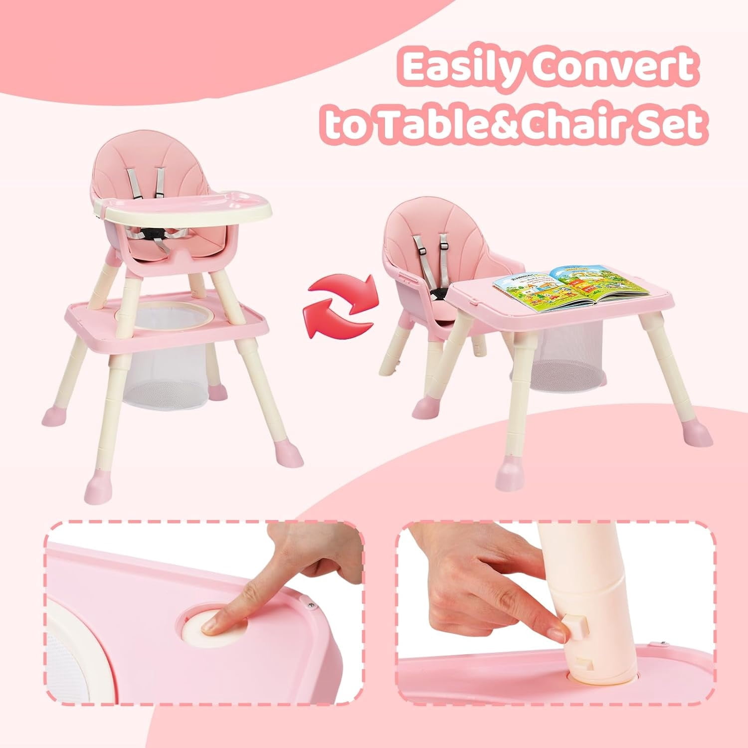 Zimtown Baby High Chair, 6 in 1 Convertible High Chairs for Babies and Toddlers, Portable Feeding Chair with 5-Point Safety Harness, Adjustable Dining Tray, Pink